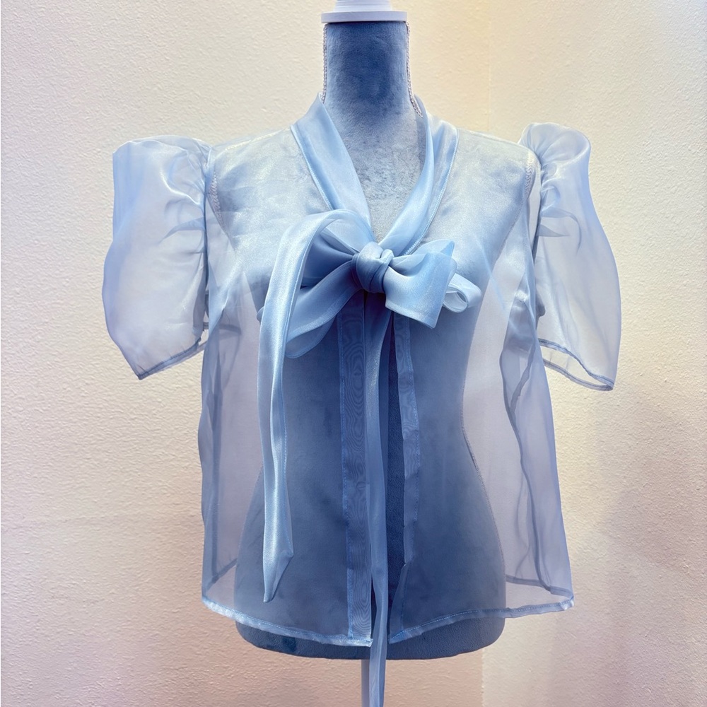 Elegant Sheer Blue Blouse with Bow